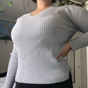 Grey Ribbed V-Neck Sweater